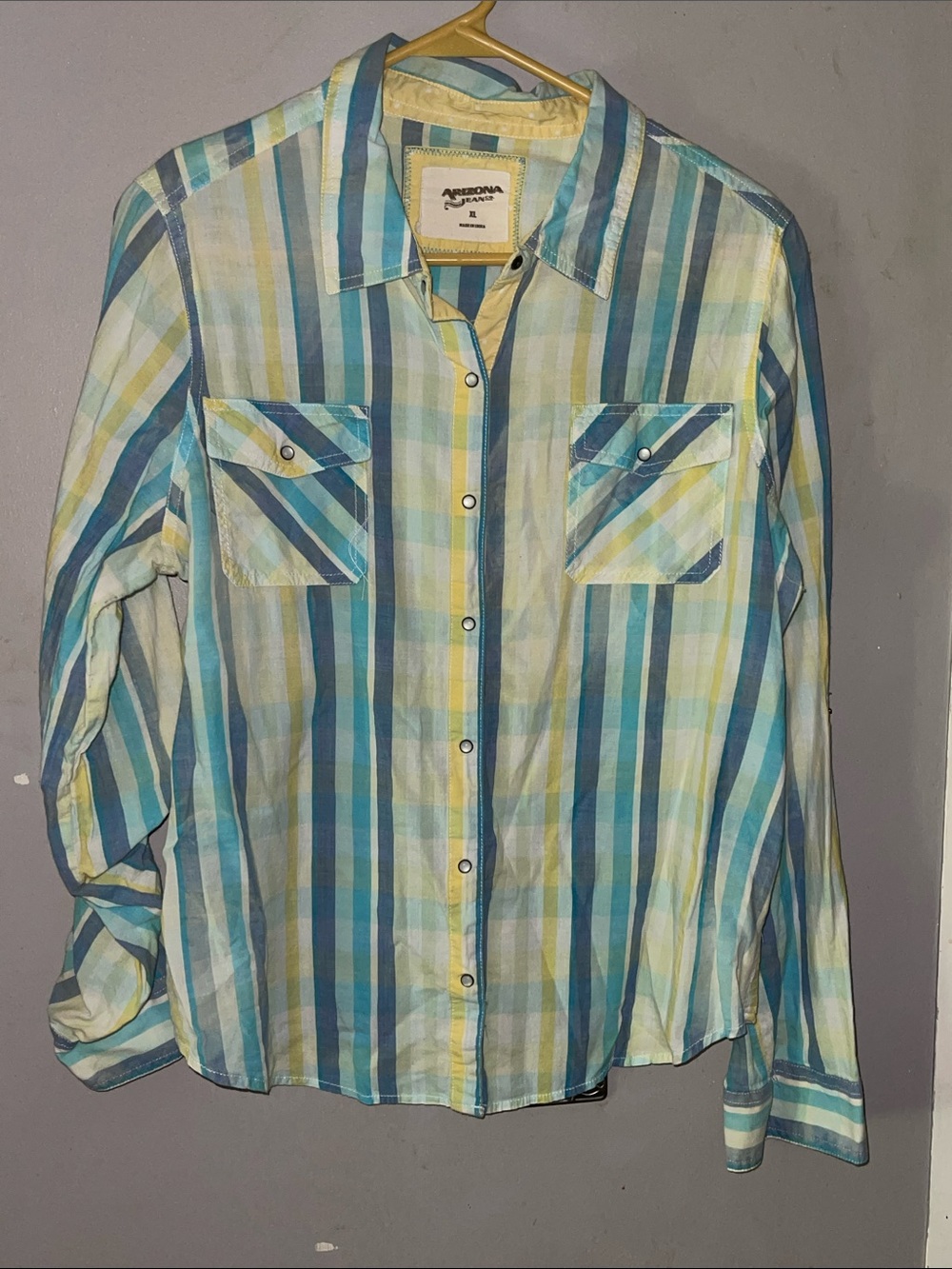 Arizona Jean Company Women's Striped Button-Down Shirt in Blue & Yellow